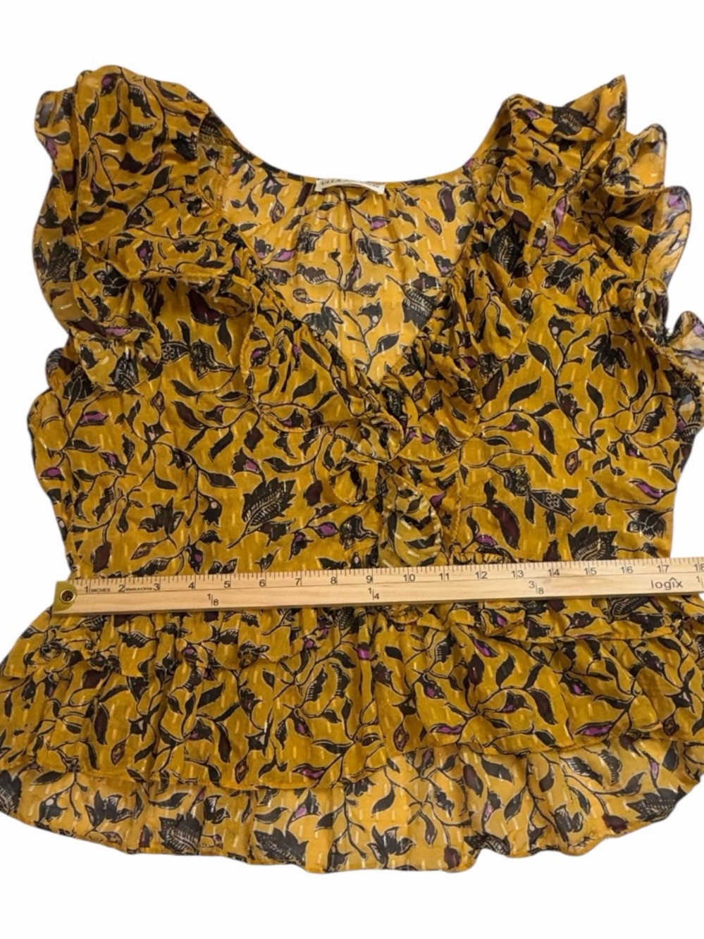Ulla Johnson Mustard Floral Ruffle Sleeveless Silk Blend Blouse Size 8 - Picture 6 of 10